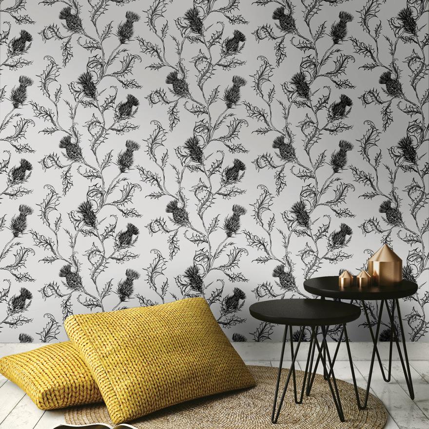 Yellow And Grey Wallpaper Next - Holden Decor Thistle Wild Flower Leaf Motif Metallic - HD Wallpaper 