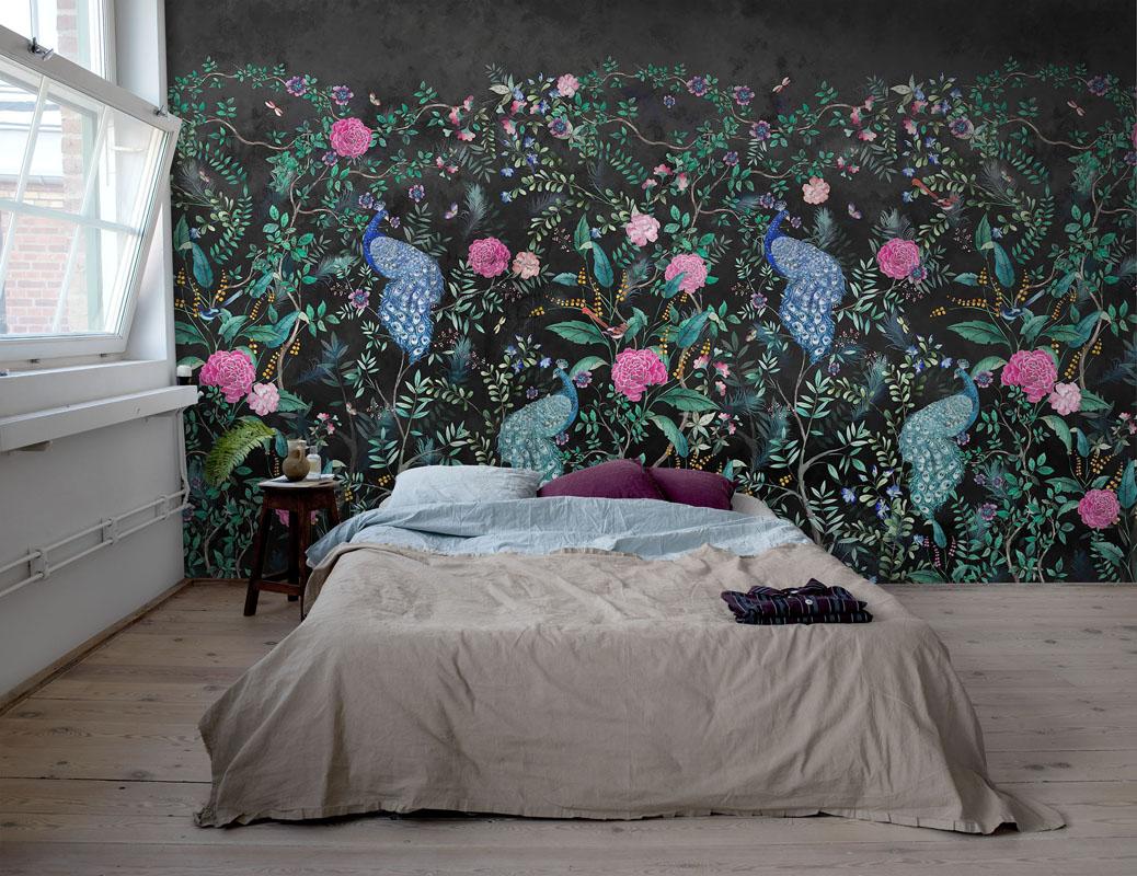 Interior Image Of The Chinoiserie - Svart Tapet Med Blommor - HD Wallpaper 