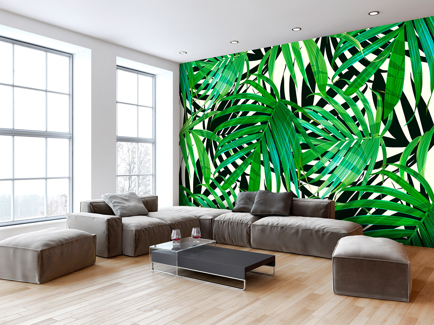 Photo Wallpaper Tropical Leaves - Wood Wallpaper In Living Room - HD Wallpaper 