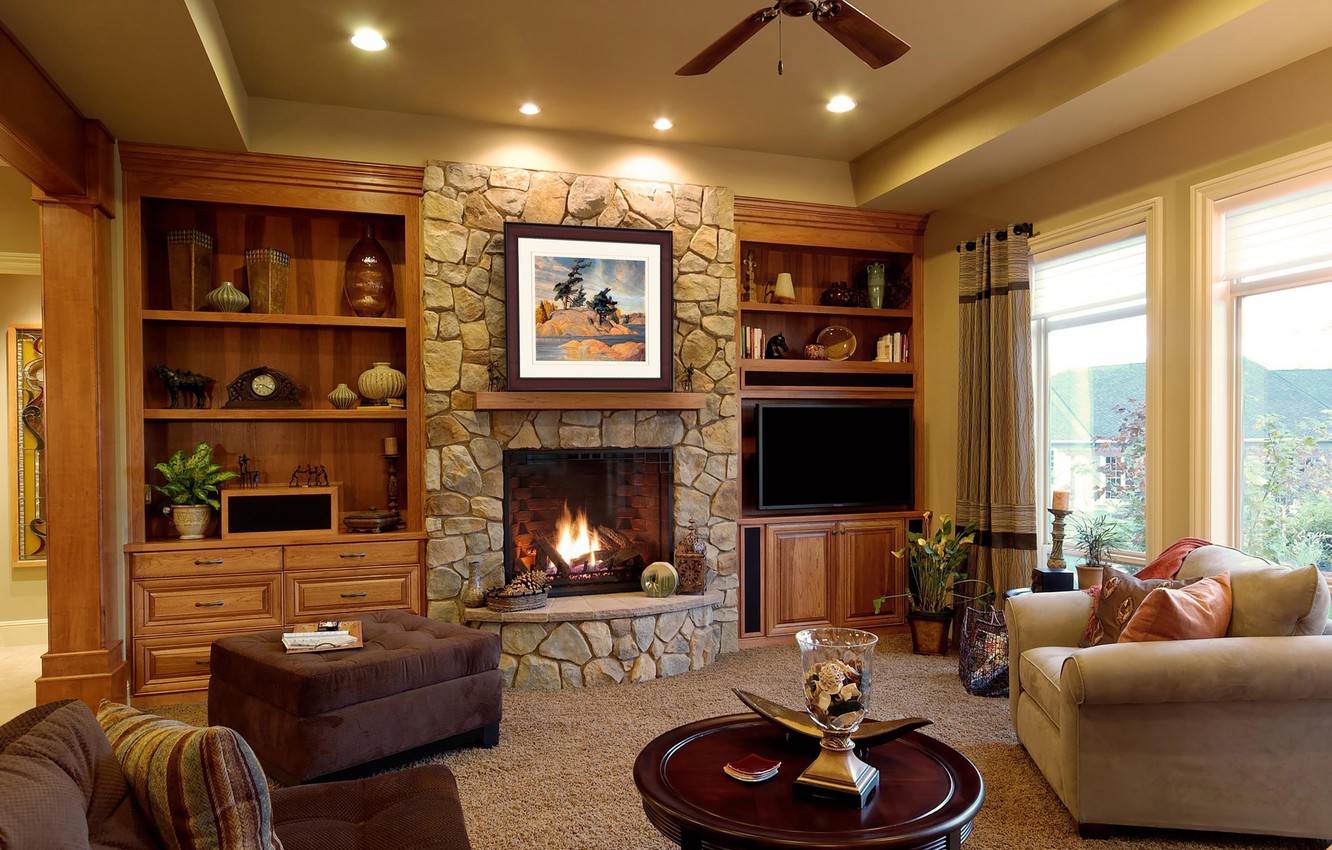 Photo Wallpaper Room, Interior, Fireplace, English - Cozy Living Room With Fireplace - HD Wallpaper 