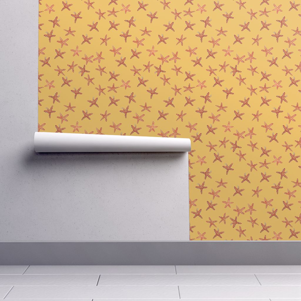 Aqua, Coral And Gold Starfish Hand-painted Watercolor - Wall - HD Wallpaper 