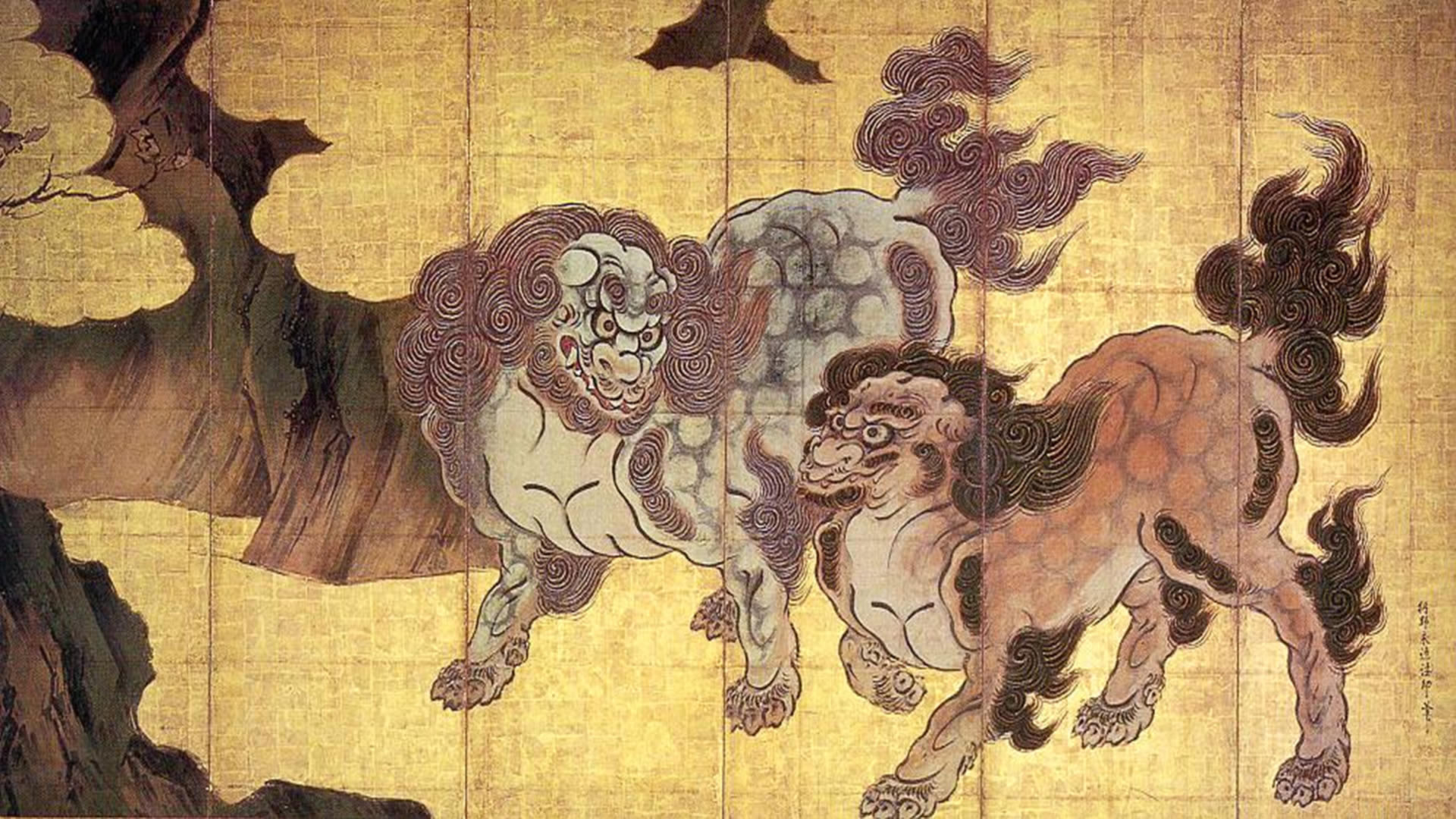 Two Chinese Lions In The Clouds - Lion Traditional Chinese Art - HD Wallpaper 