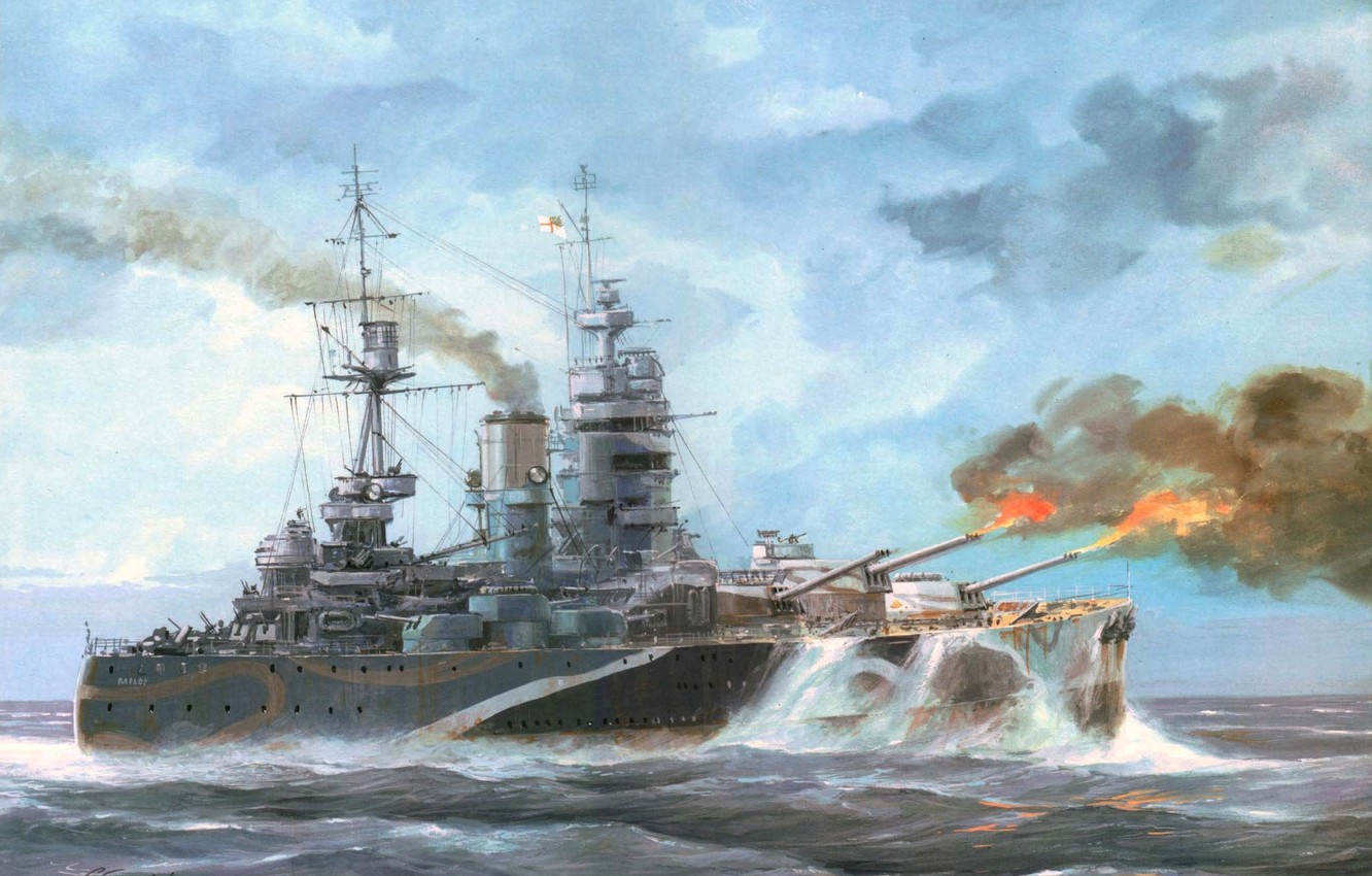 Photo Wallpaper Wave, The Ocean, Flame, Figure, Ship, - Hms Rodney Painting - HD Wallpaper 