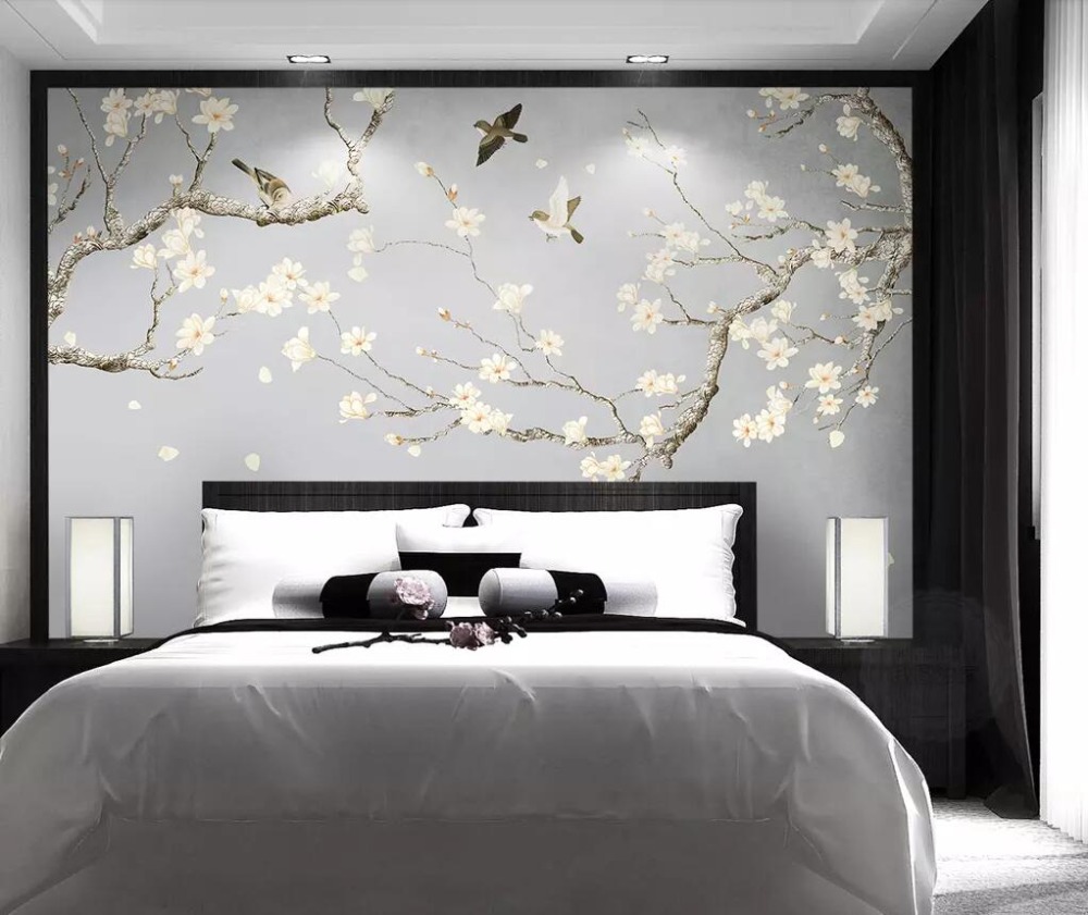 Magnolia Hand-painted Flowers And Birds New Chinese - Duvar Kağıtları Televizyon Arkası - HD Wallpaper 