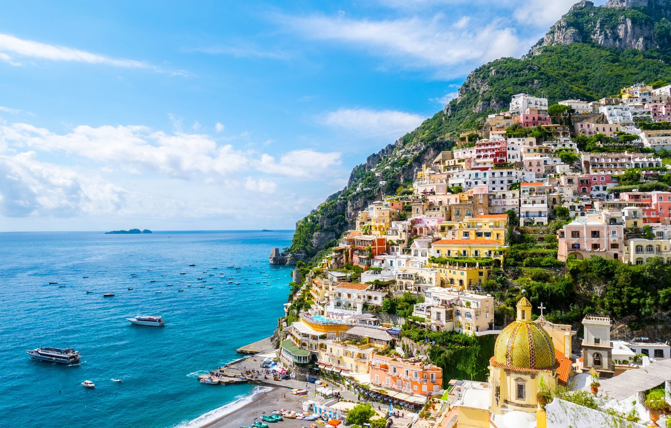 Photo Wallpaper Sea, Landscape, Coast, Building, Boats, - Positano - HD Wallpaper 