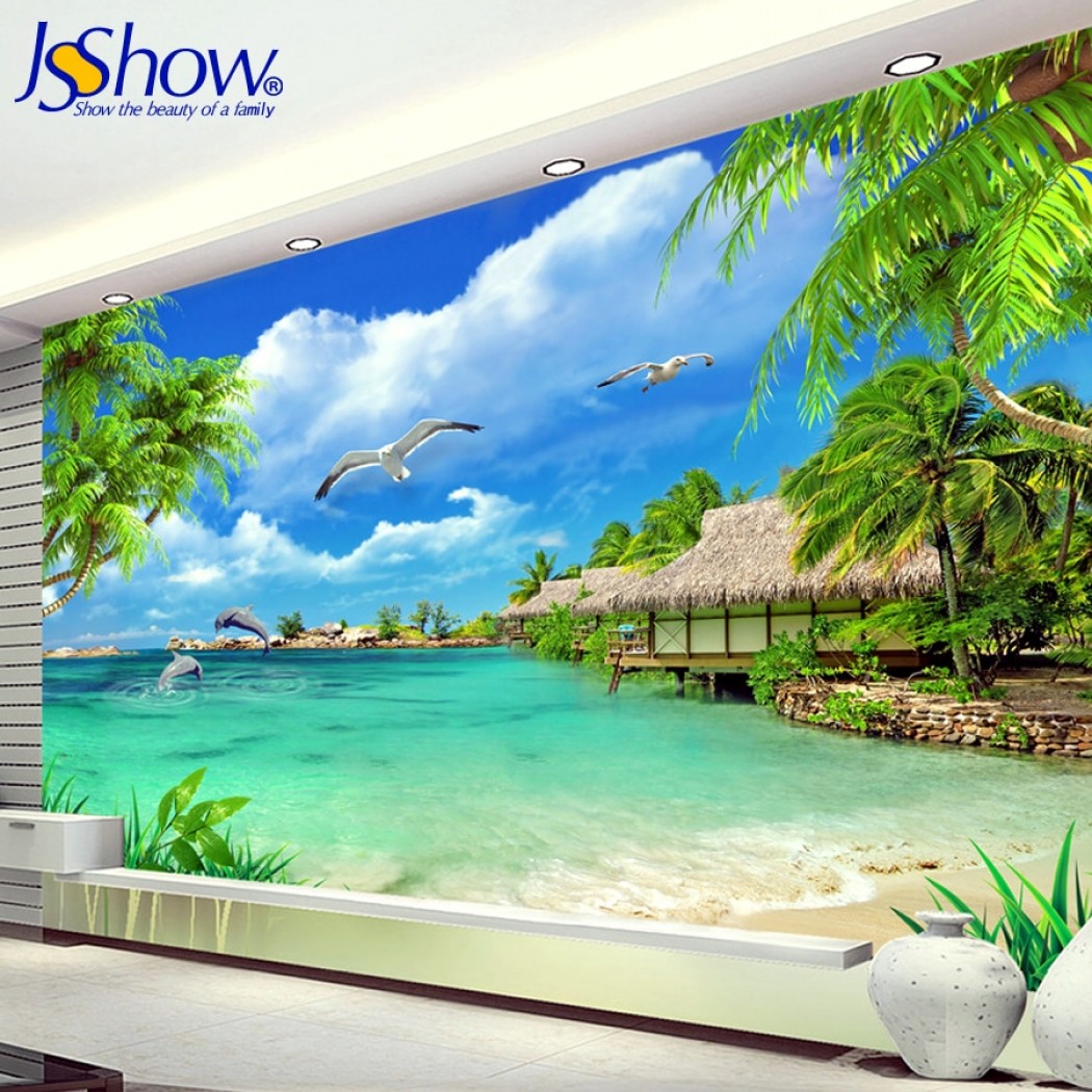 Home & Kitchen Beach Tropical Tree Sea Ocean Photo - Wall Painting 3d Maldives - HD Wallpaper 