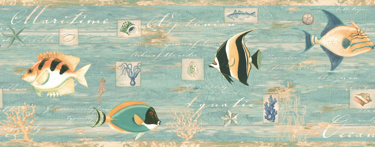 Tropical Fish Shells Sea Life On Weathered Teal Wallpaper - HD Wallpaper 