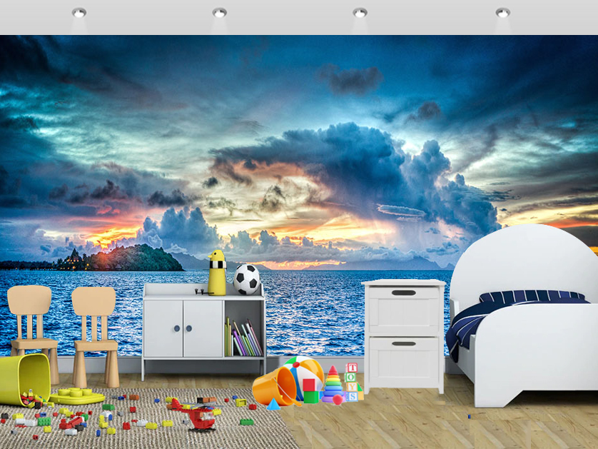 Sea Wall Mural Blue Sky And Blue Sea Wallpaper Kids - Wall Painting Using Paint Brush - HD Wallpaper 