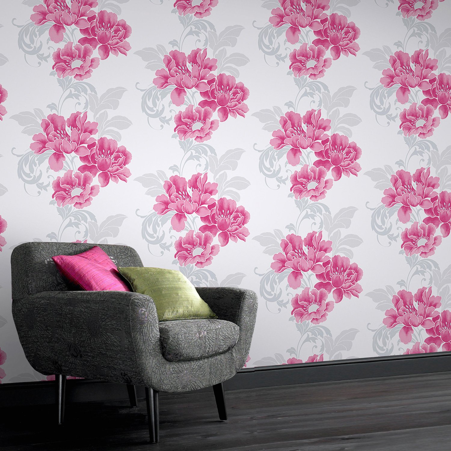 Sale Laurence Llewelyn-bowen Cascada Fuchsia Floral - Living Room Wallpaper Grey - HD Wallpaper 