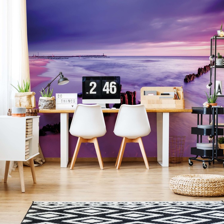 Beach Purple Sunset Sea Wallpaper Mural - Stenu Fototapety - HD Wallpaper 