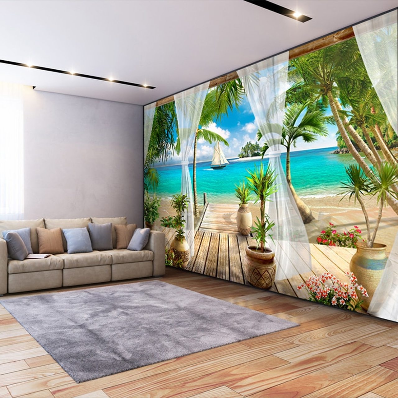 Custom 3d Photo Wallpaper Balcony Sandy Beach Sea View - HD Wallpaper 