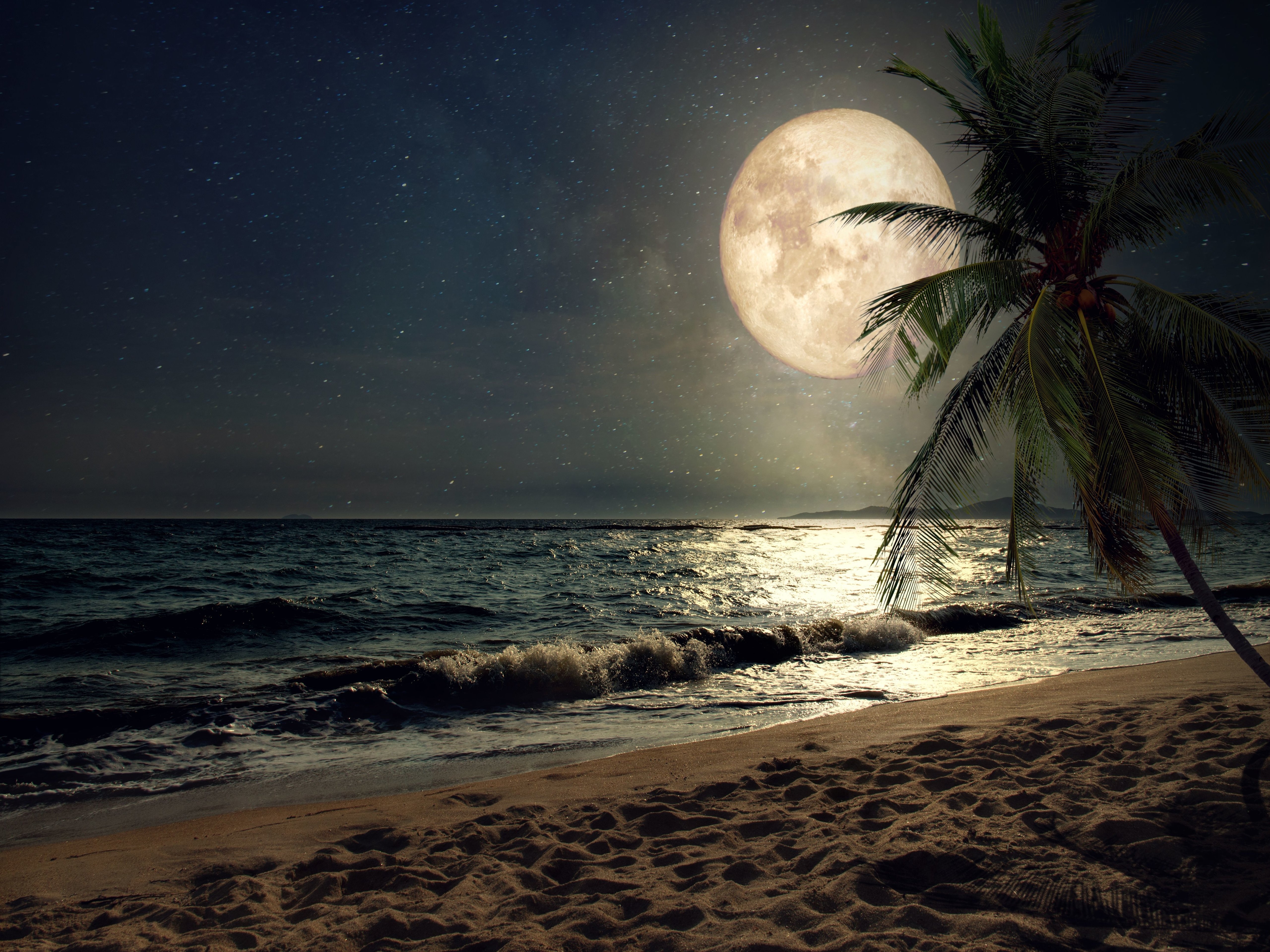 Beach Full Moon Day - HD Wallpaper 