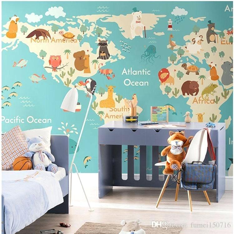 Cartoon Animal World Map Wallpaper Children Room Boys - Astronaut Mural Kindergarten - HD Wallpaper 