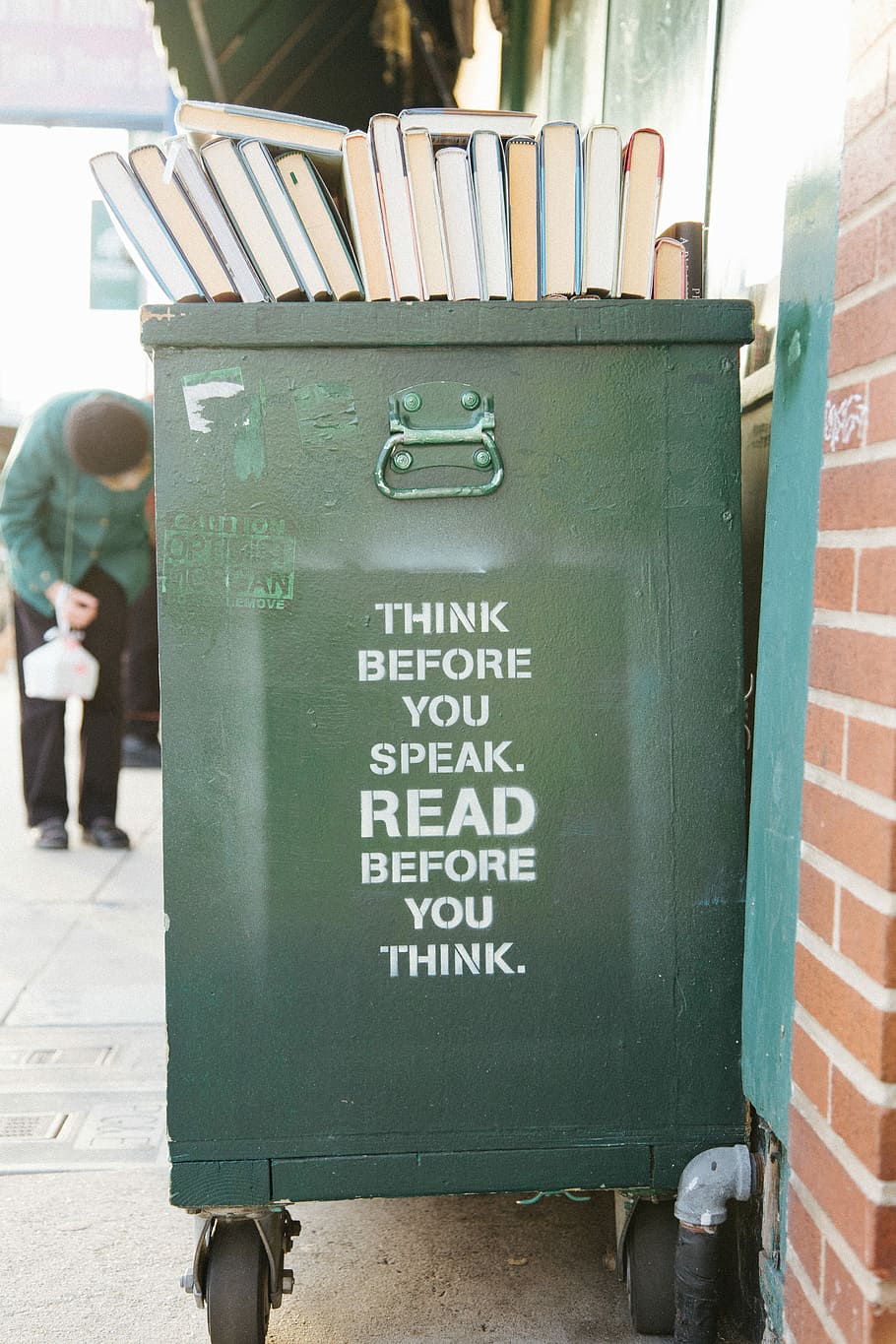 Books Over Green Trolley Bin, Green Wooden Trash Bin, - Think Before Speak Read Before Think - HD Wallpaper 