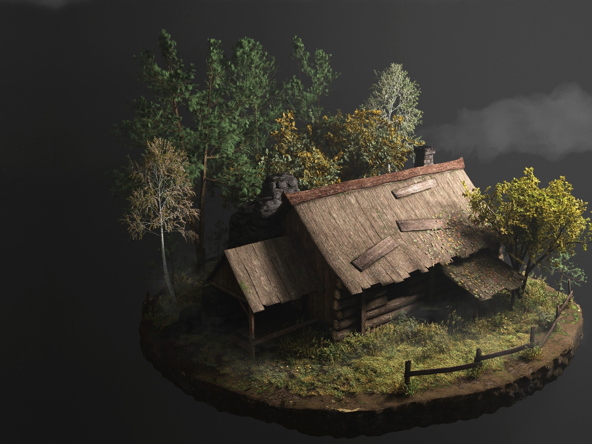 Wallpaper 3d Design, Hut, Trees - Model Old Hut - HD Wallpaper 