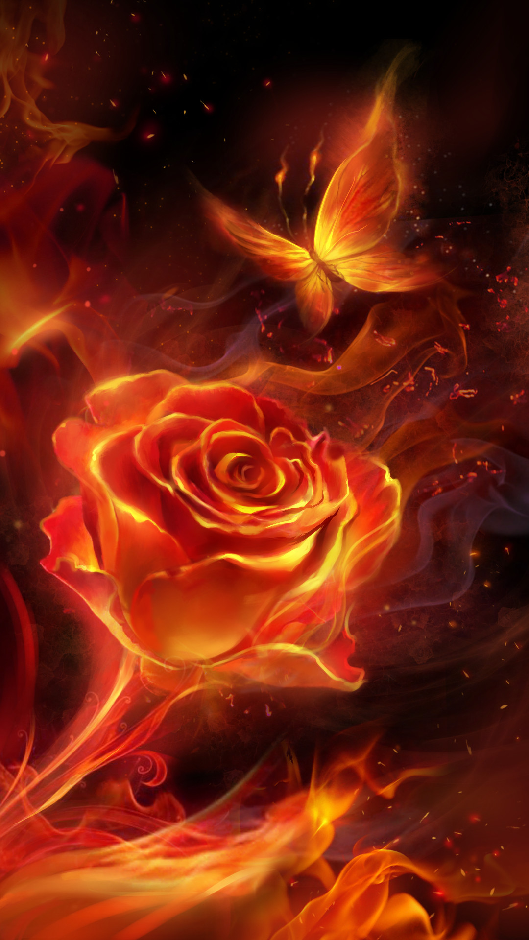 1080x1920, Fiery Rose And Butterfly Flame Live Wallpaper - Flame Rose - HD Wallpaper 