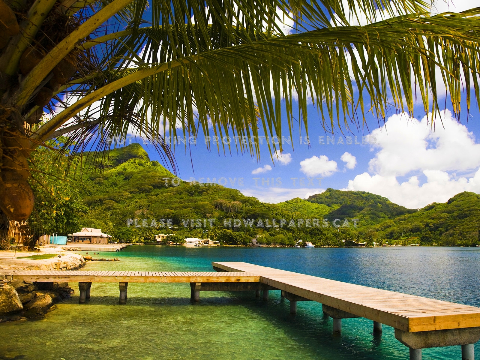 Beach S Dock In Tahiti Houses Hills Summer - صورة فوتوغرافيه ثلاثية الابعاد لطبيعة - HD Wallpaper 
