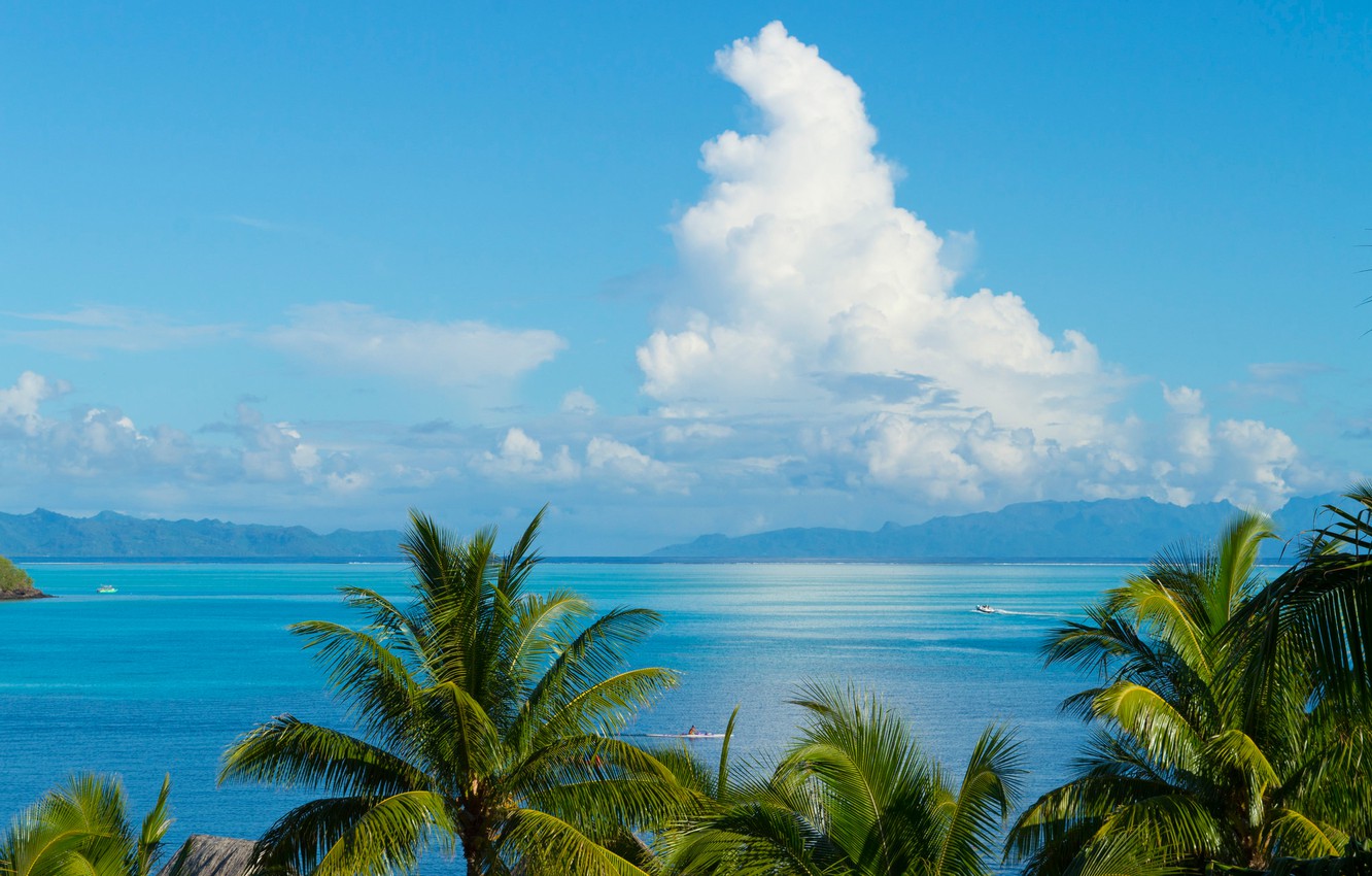 Photo Wallpaper Sea, Clouds, Mountains, Palm Trees, - Острова Тихий Океан Обои - HD Wallpaper 