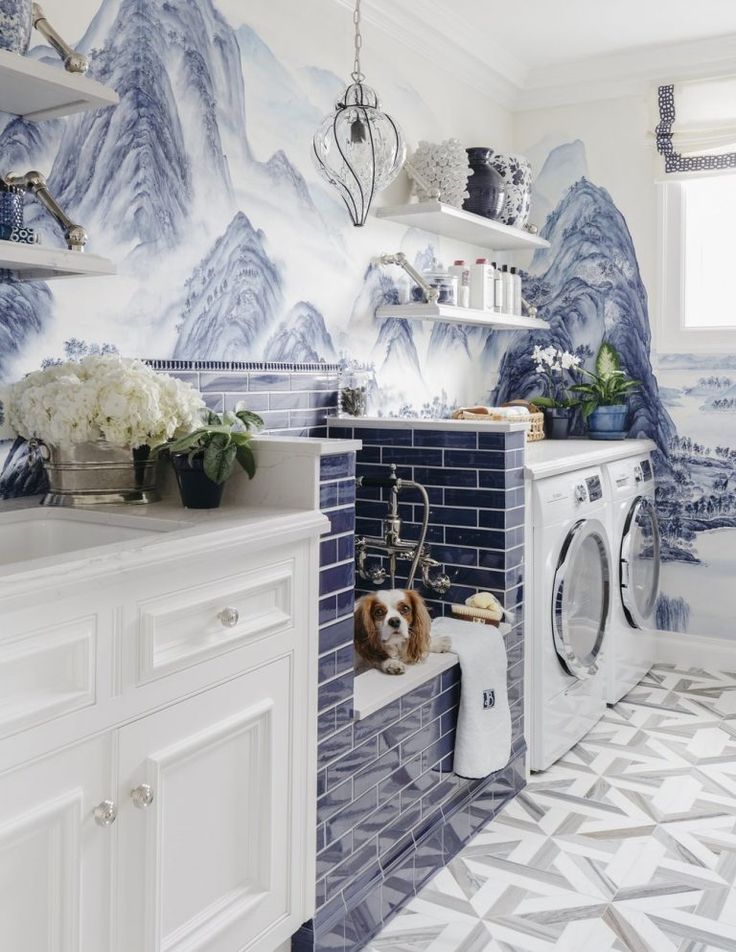 Laudry Room, Painting Wallpaper, Blue Subway Tiles, - Most Luxurious Laundry Room - HD Wallpaper 