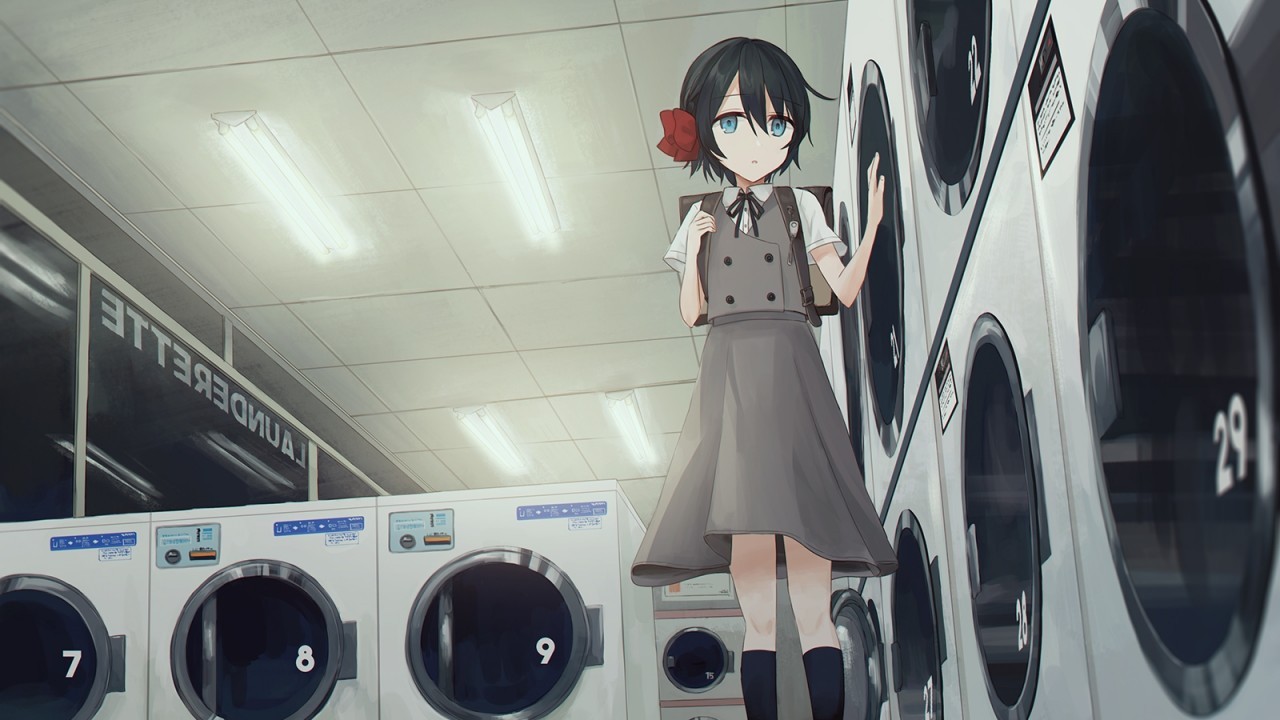 Anime Girl, Laundry Room, School Uniform - Anime Art With Washing Machine - HD Wallpaper 