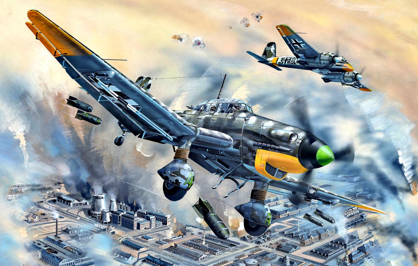 Photo Wallpaper Attack, Dive Bomber, Stuka, Specialized, - Ww2 German Bombing Art - HD Wallpaper 