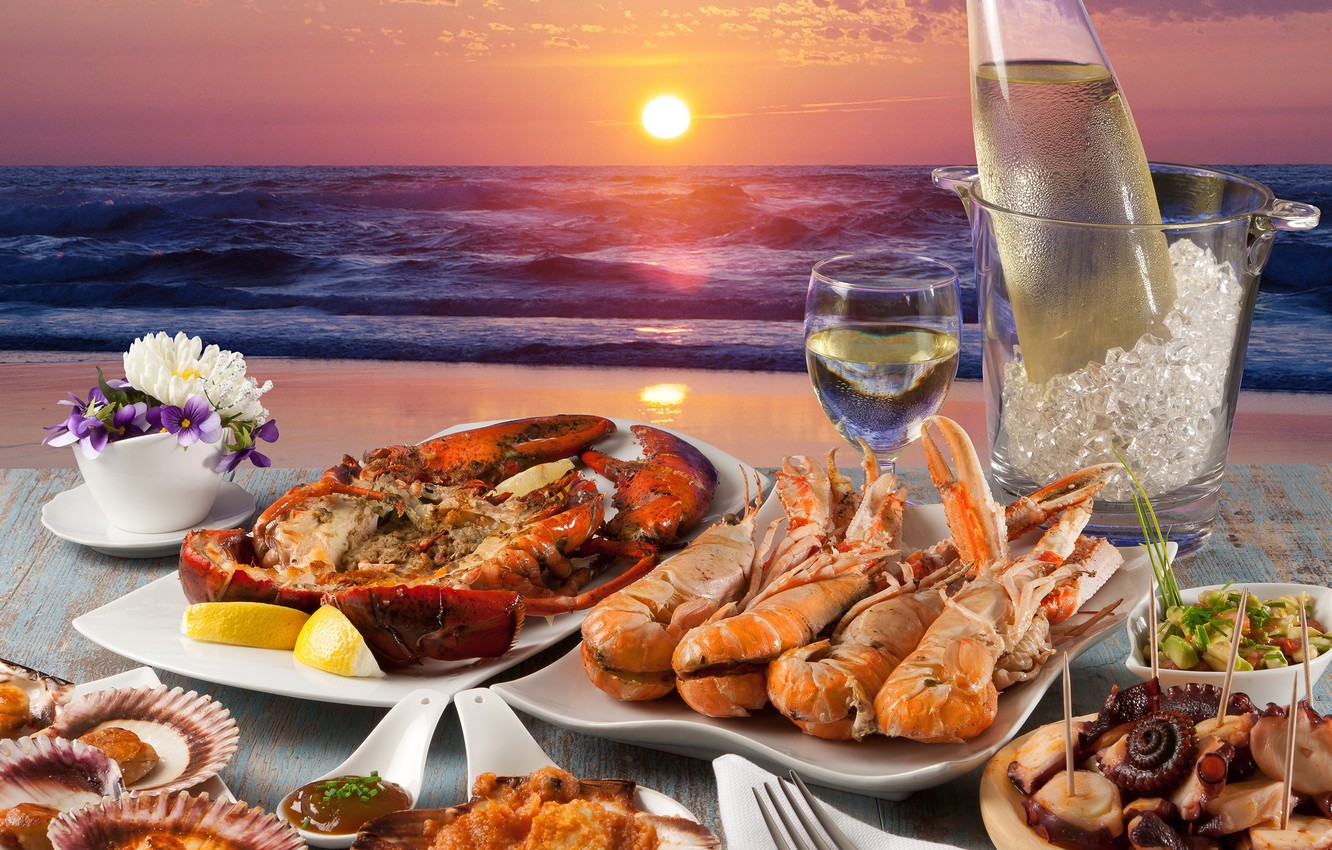 Photo Wallpaper Ice, Sea, Wine, Seafood, Mussels, Lobster, - Seafood On The Beach - HD Wallpaper 