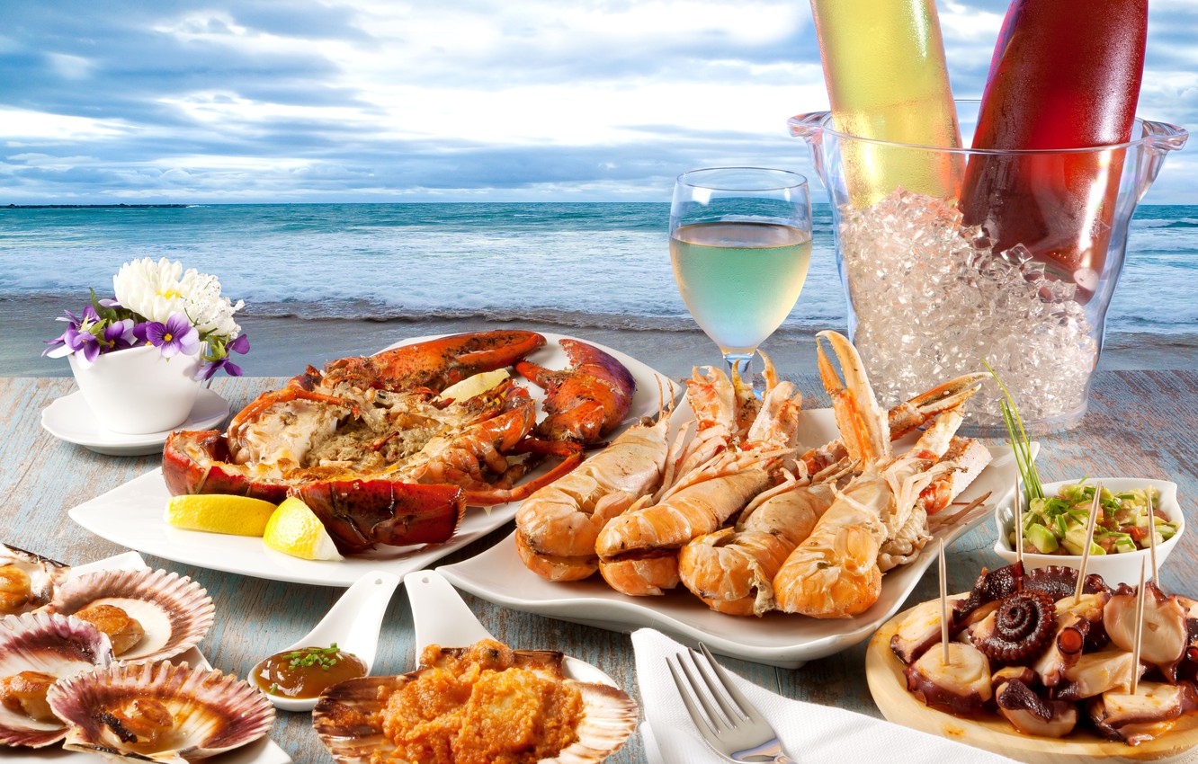 Photo Wallpaper Ice, Sea, Wine, Crab, Shell, Sea, Caviar, - Seafood On The Beach - HD Wallpaper 