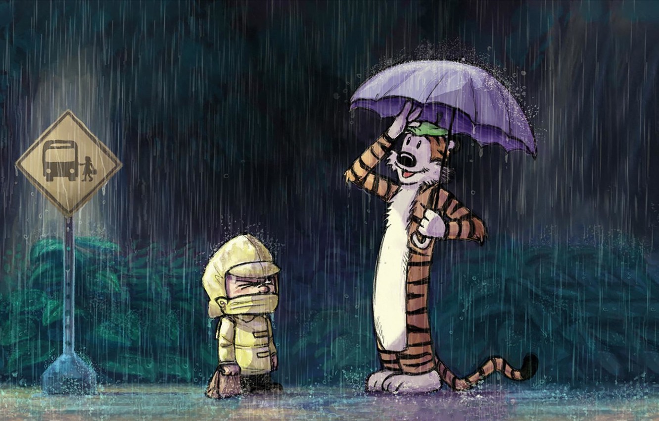 Photo Wallpaper Tiger, Rain, Toy, Boy, Stop, Road Sign, - Calvin Y Hobbes Hd - HD Wallpaper 