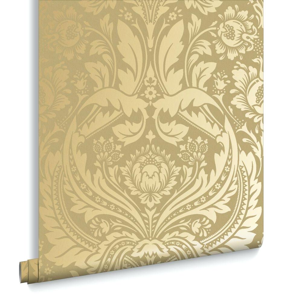 Papel Pintado Damasco Dorado Y Verde - HD Wallpaper 