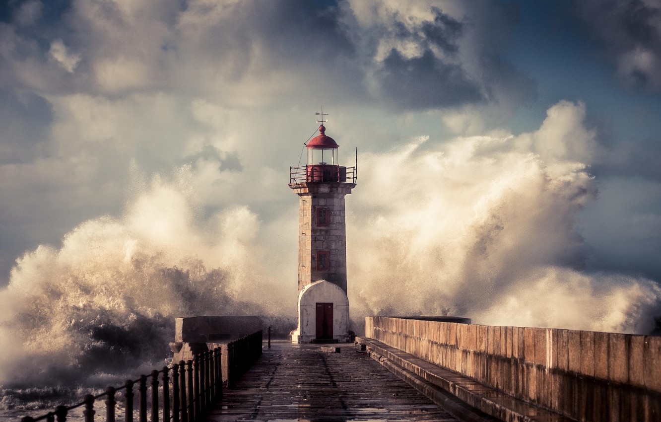 Photo Wallpaper Wave, Squirt, Storm, Lighthouse - Lighthouse Wallpaper Storm - HD Wallpaper 