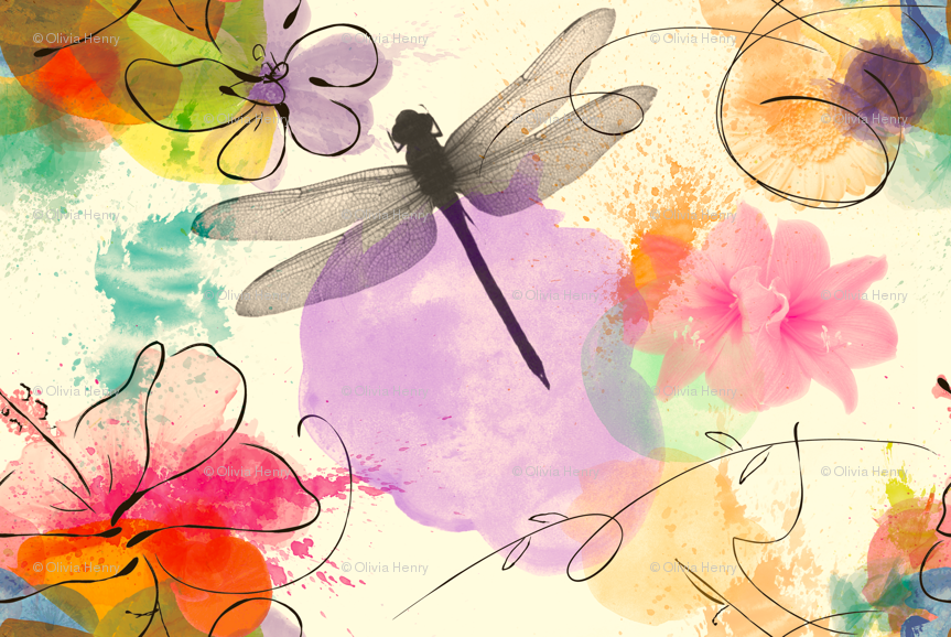 Dragonfly Fabric, Wallpaper & Gift Wrap - Watercolour Flowers Bees Dragonfly - HD Wallpaper 
