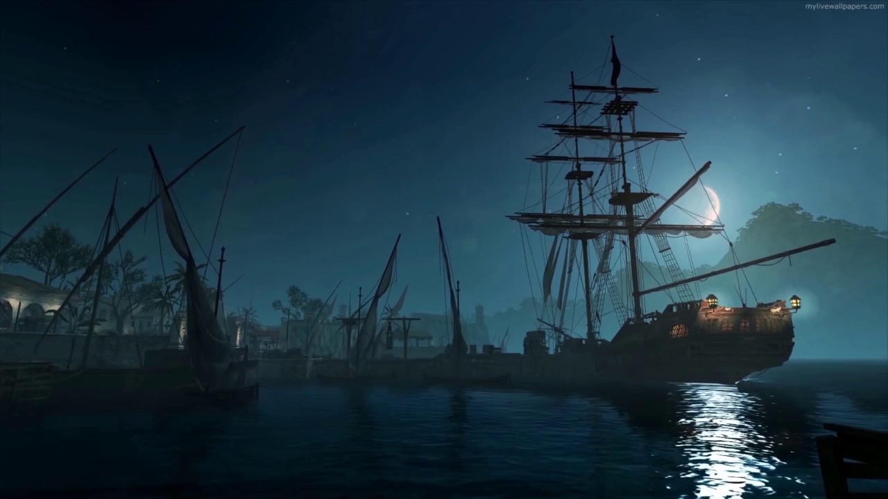 Pirate Ship At Night - HD Wallpaper 
