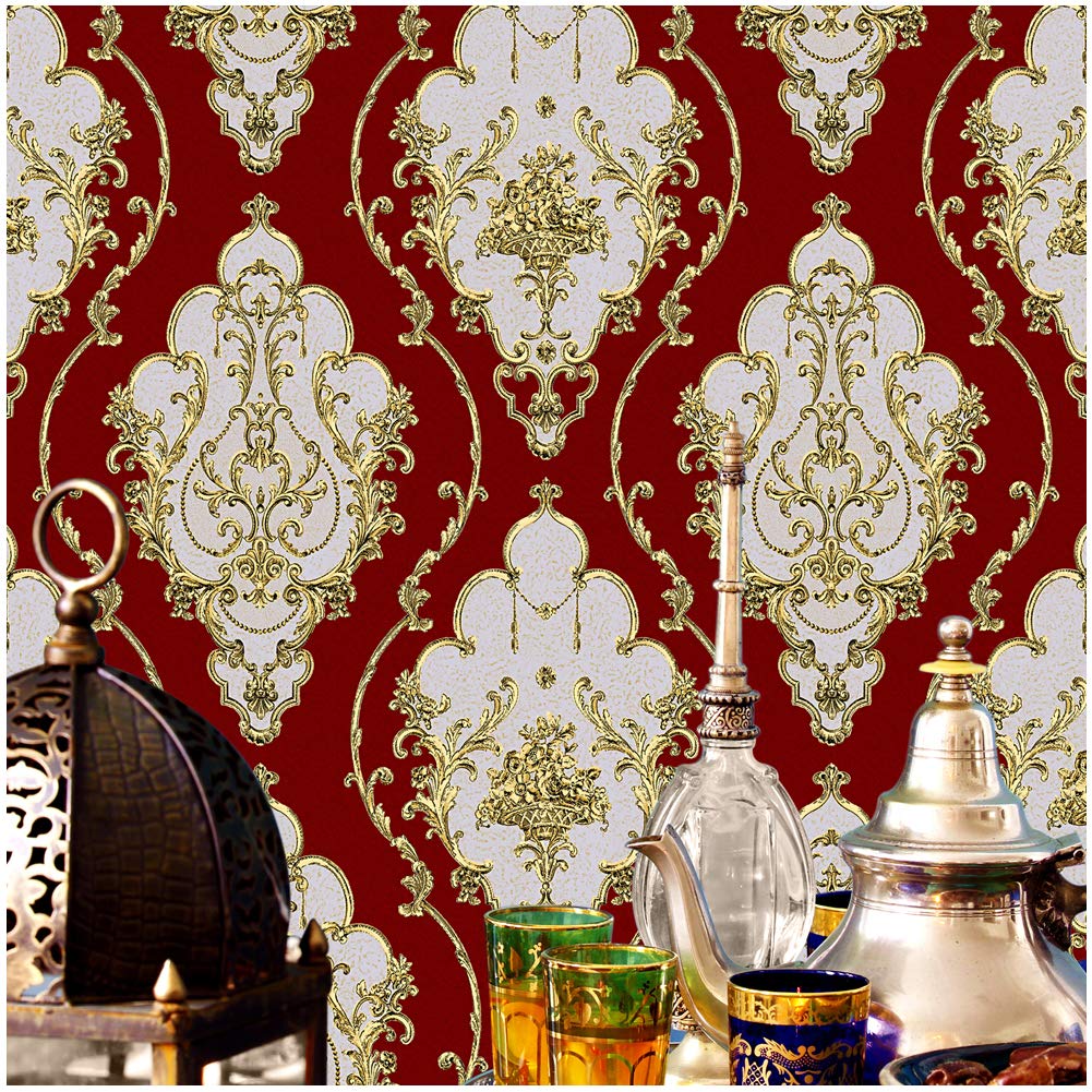 Home Jz26 Crimson Red Luxury Damask Wallpaper Rolls, - Gold And Red Damask - HD Wallpaper 