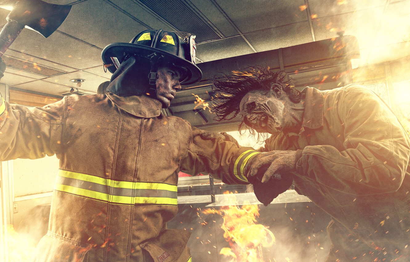 Photo Wallpaper Fire, Fire, Fight, Zombie Vs Firefighter - วอลเปเปอร์ นัก ดับ เพลิง - HD Wallpaper 