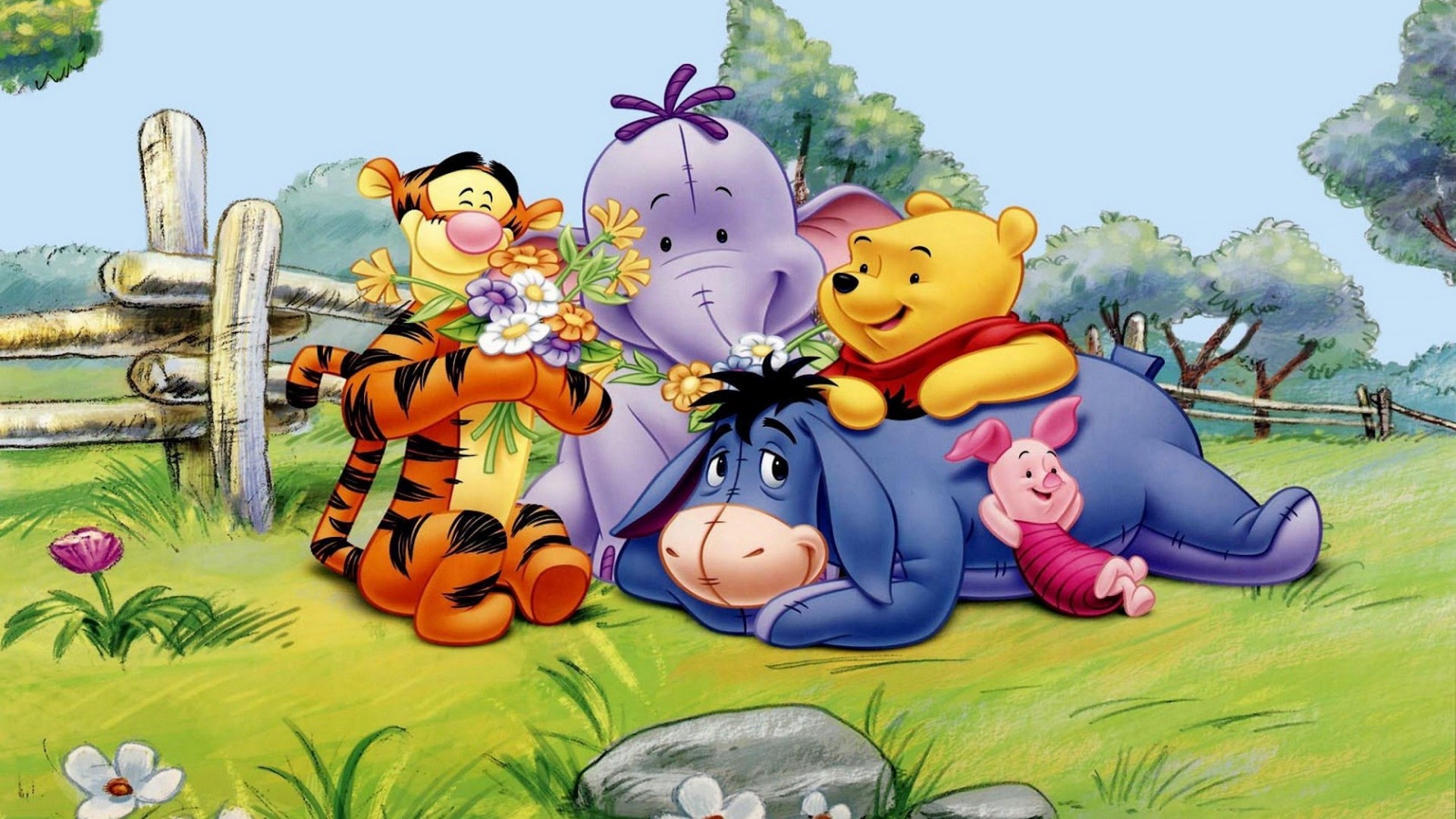 Winnie The Pooh Tigger Eeyore Piglet And Elephant Spring - Winnie The Pooh All Friends - HD Wallpaper 