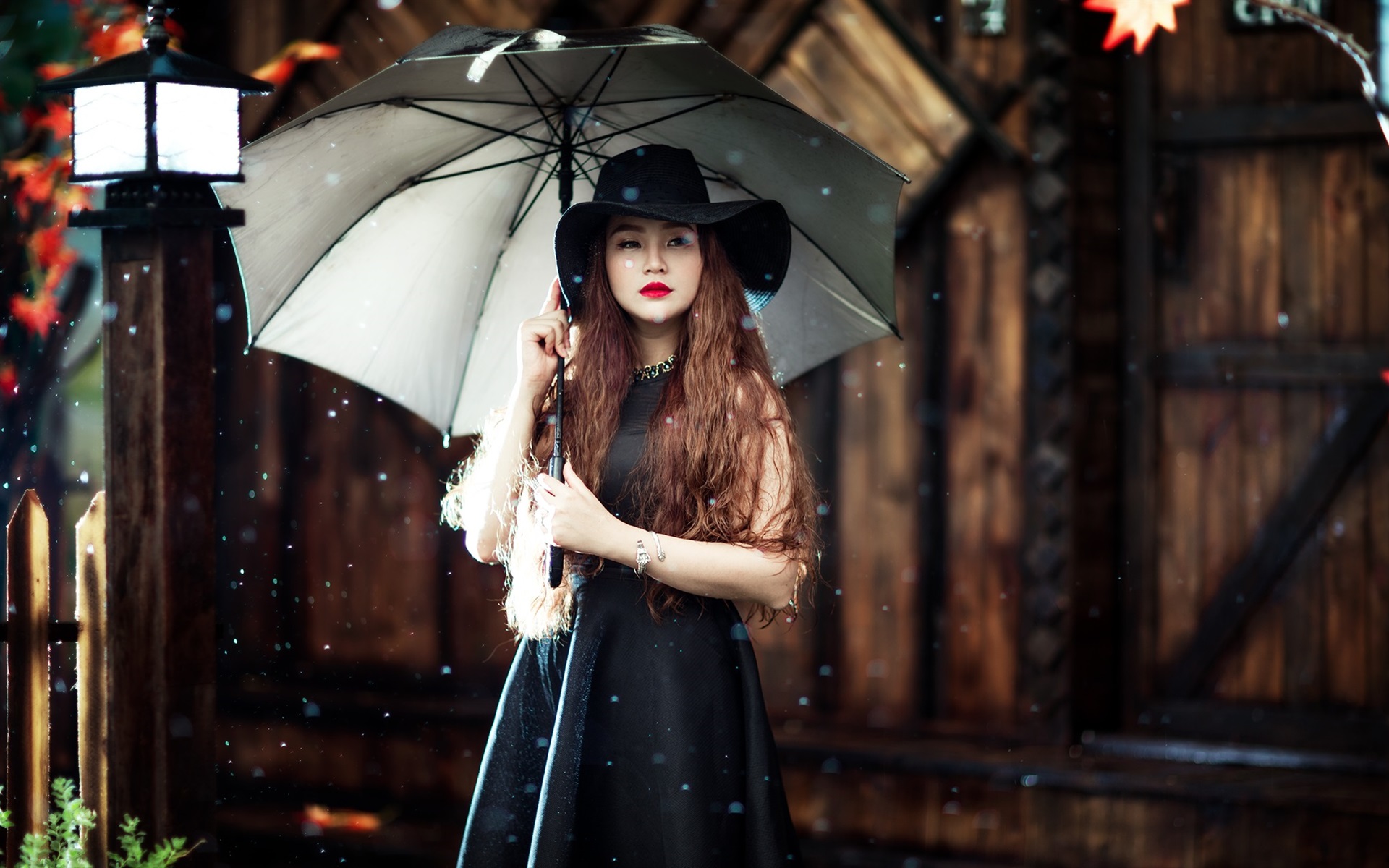 Wallpaper Asian Girl, Umbrella, Rain - Black Umbrella Woman In Black Dress - HD Wallpaper 