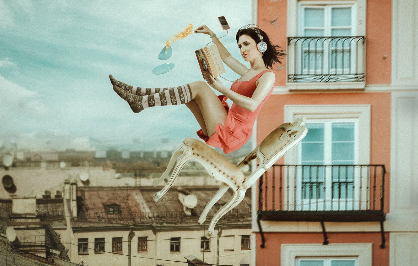 Photo Wallpaper Girl, The City, Home, Headphones, Chair, - Девушка В Наушниках С Книгой - HD Wallpaper 