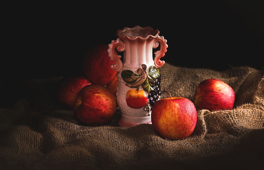 White Vase Beside Apples, 4k Wallpaper, Black Background ...