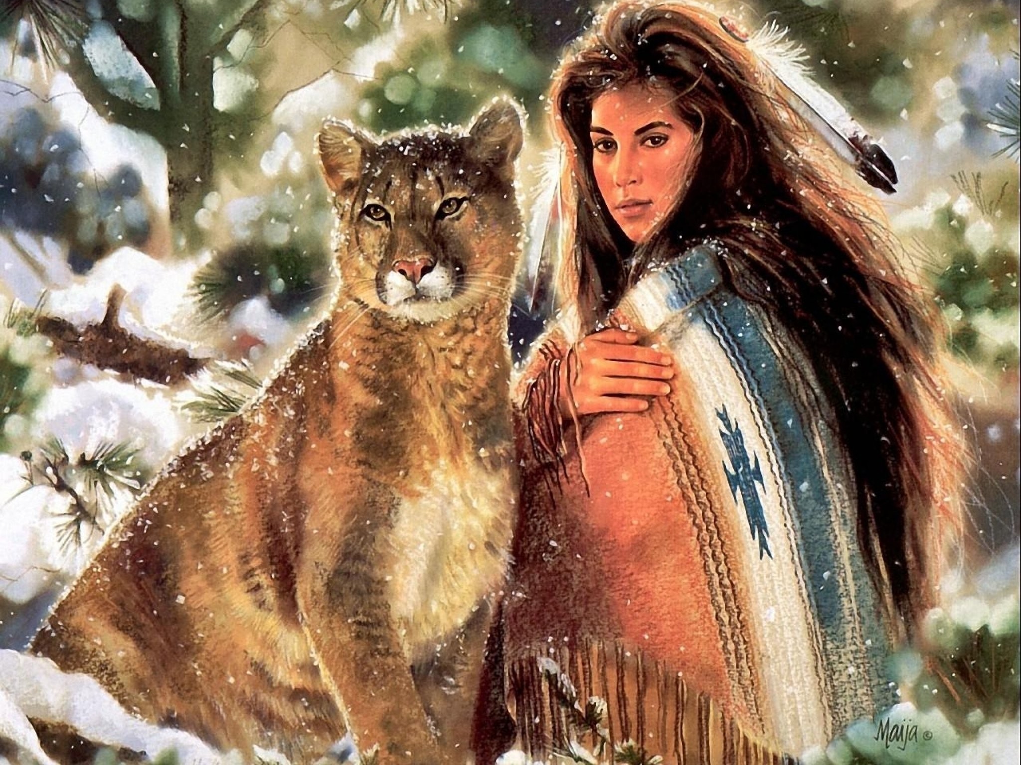 Mountain Lion And Woman Art - HD Wallpaper 