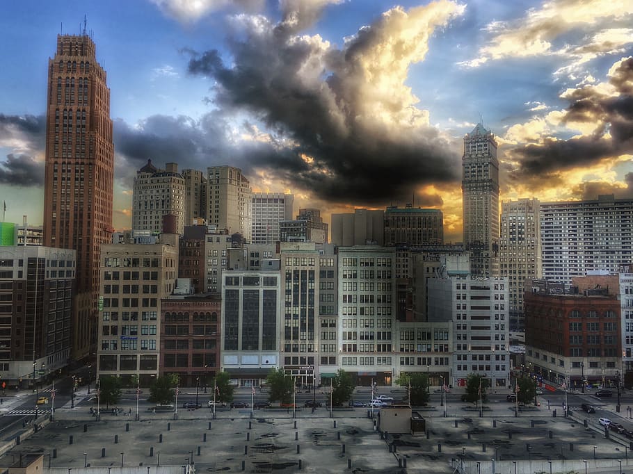 Detroit, United States, Rooftop, Cityscape, Lions, - Tower Block - HD Wallpaper 