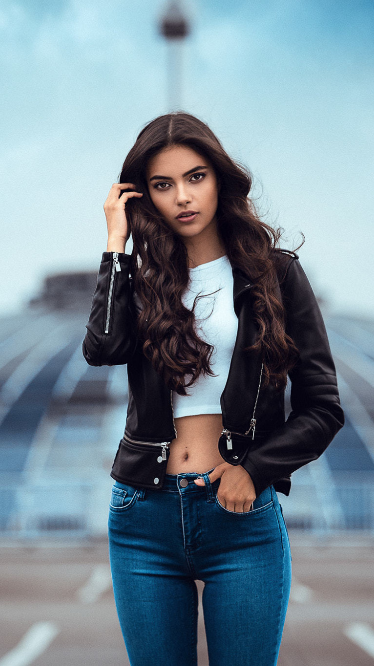 Outdoor, Leather Jacket, Denim, Blue Jeans, Girl Model, - Leather Jacket - HD Wallpaper 