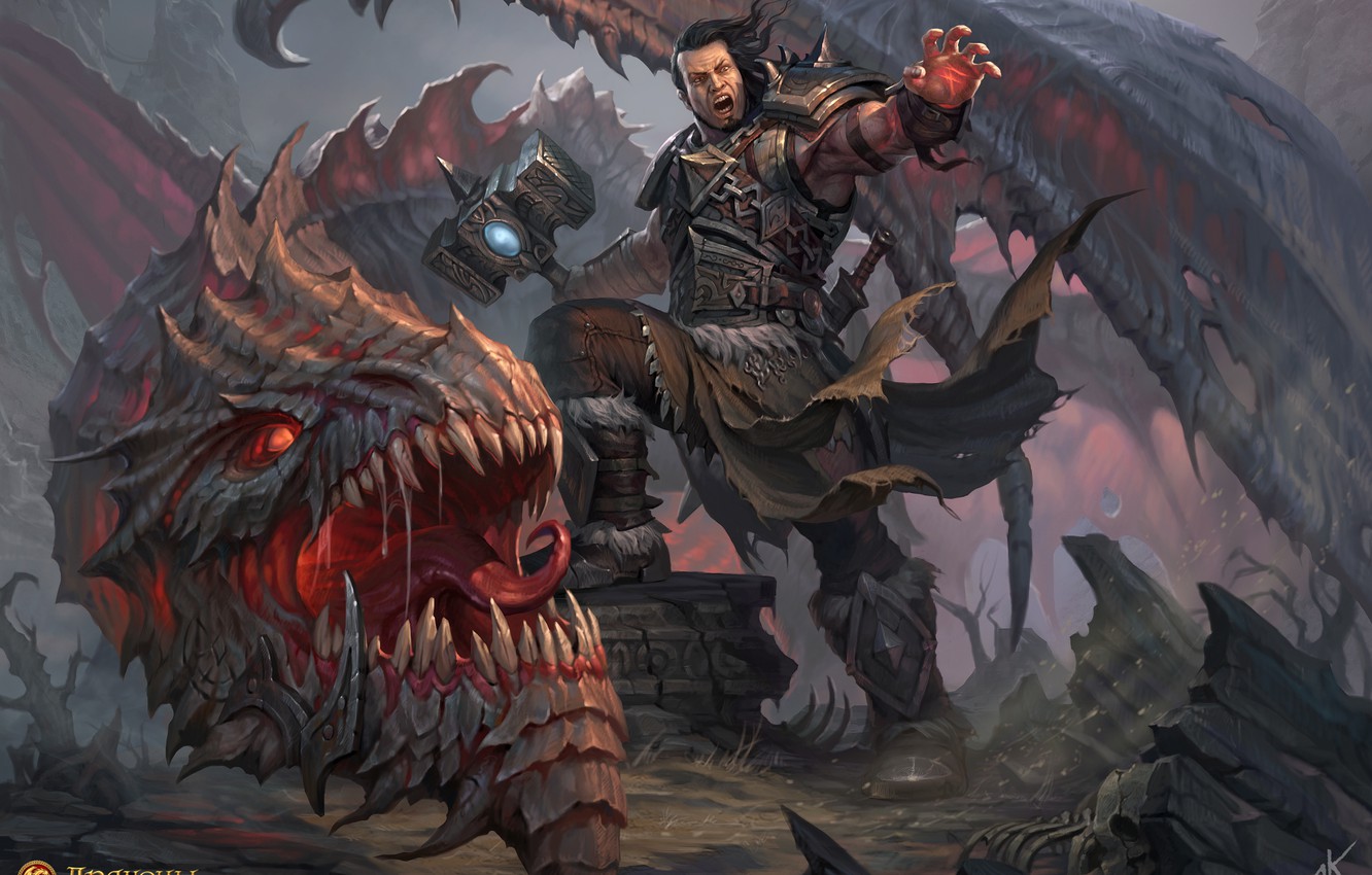 Photo Wallpaper Dragon, Hand, Hammer, Warrior, Art, - Dragons Art - HD Wallpaper 
