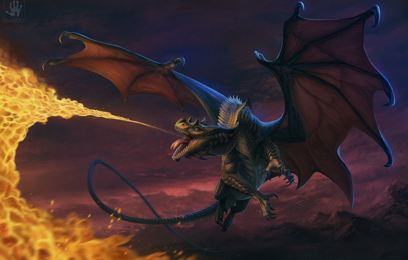 Photo Wallpaper Flight, Flame, Dragon, Fire-breathing - Fantasy - HD Wallpaper 