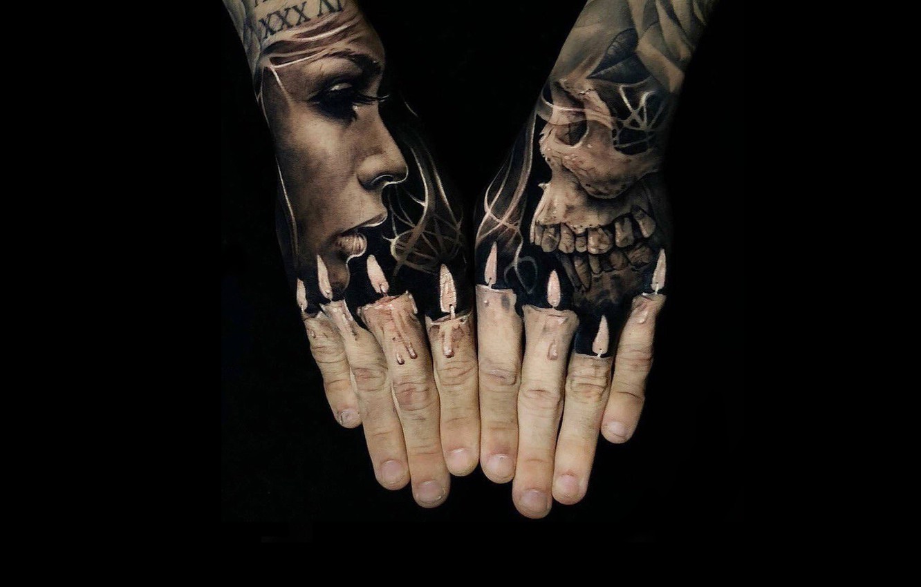 Photo Wallpaper Background, Hands, Black, Skull, Tattoo, - Double Hand Tattoos - HD Wallpaper 
