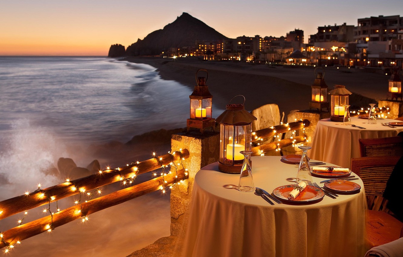 Photo Wallpaper Shore, The Evening, Restaurant, Beach, - Evening Dinner On The Beach - HD Wallpaper 
