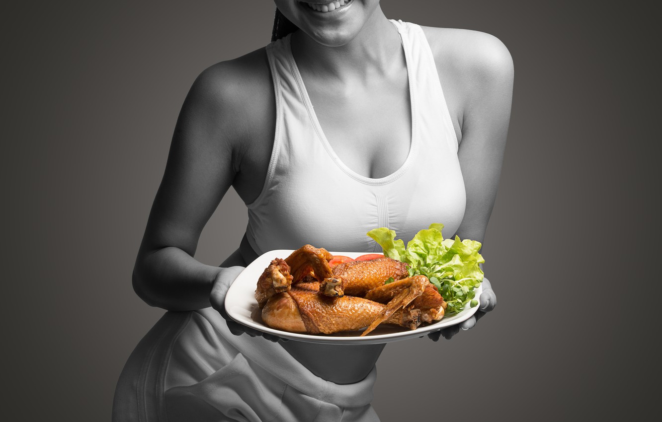 Photo Wallpaper Woman, Diet, Healthy Food - Mujer Con Pollo Asado - HD Wallpaper 