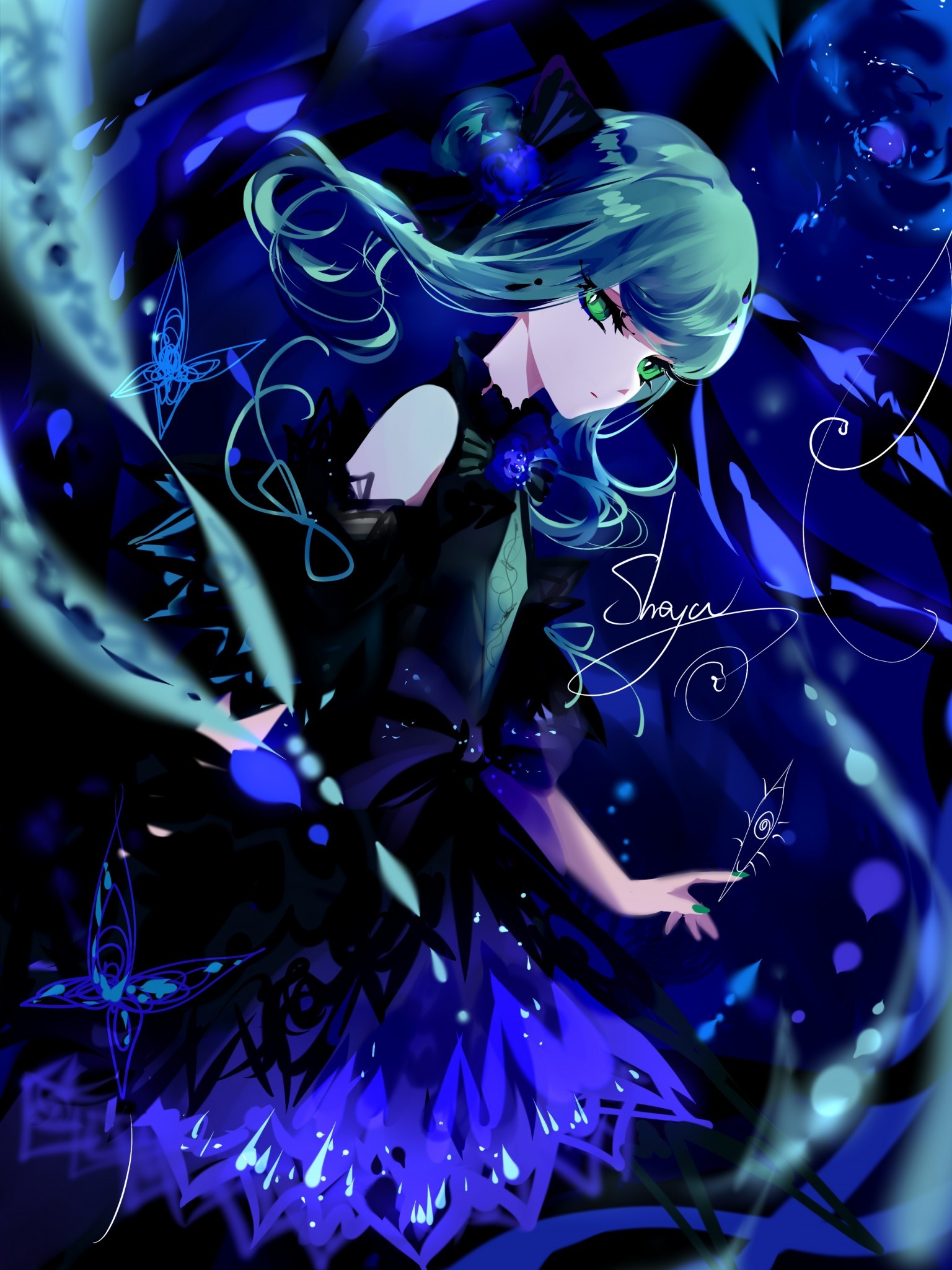 Green Hair, Anime Girl, Dress, Sharp Eyes - HD Wallpaper 