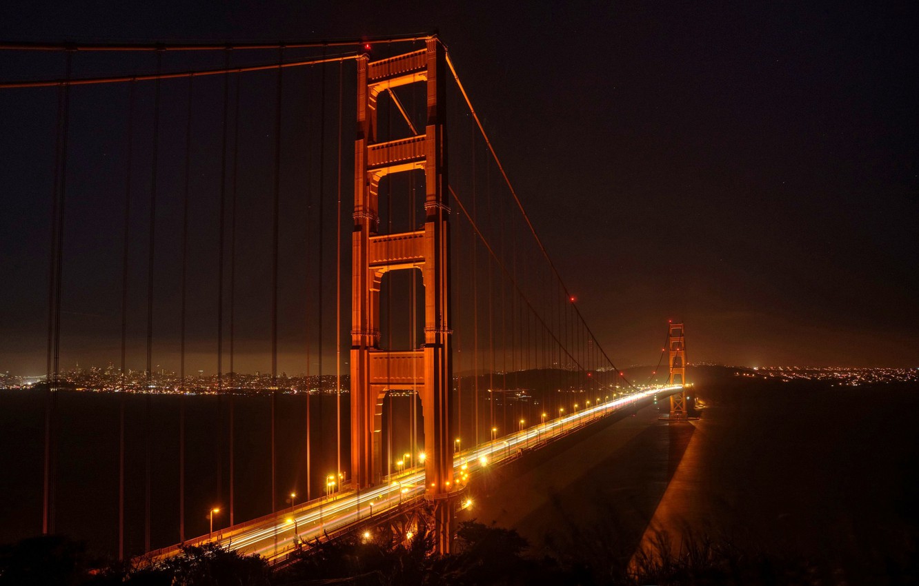 Photo Wallpaper Night, Bridge, Lights, San Francisco, - Golden Gate Bridge - HD Wallpaper 