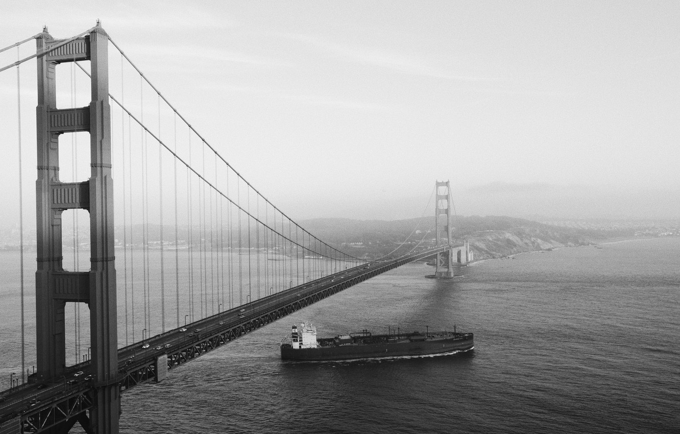 Photo Wallpaper Road, Sea, Machine, Strait, Black & - Golden Gate Bridge - HD Wallpaper 