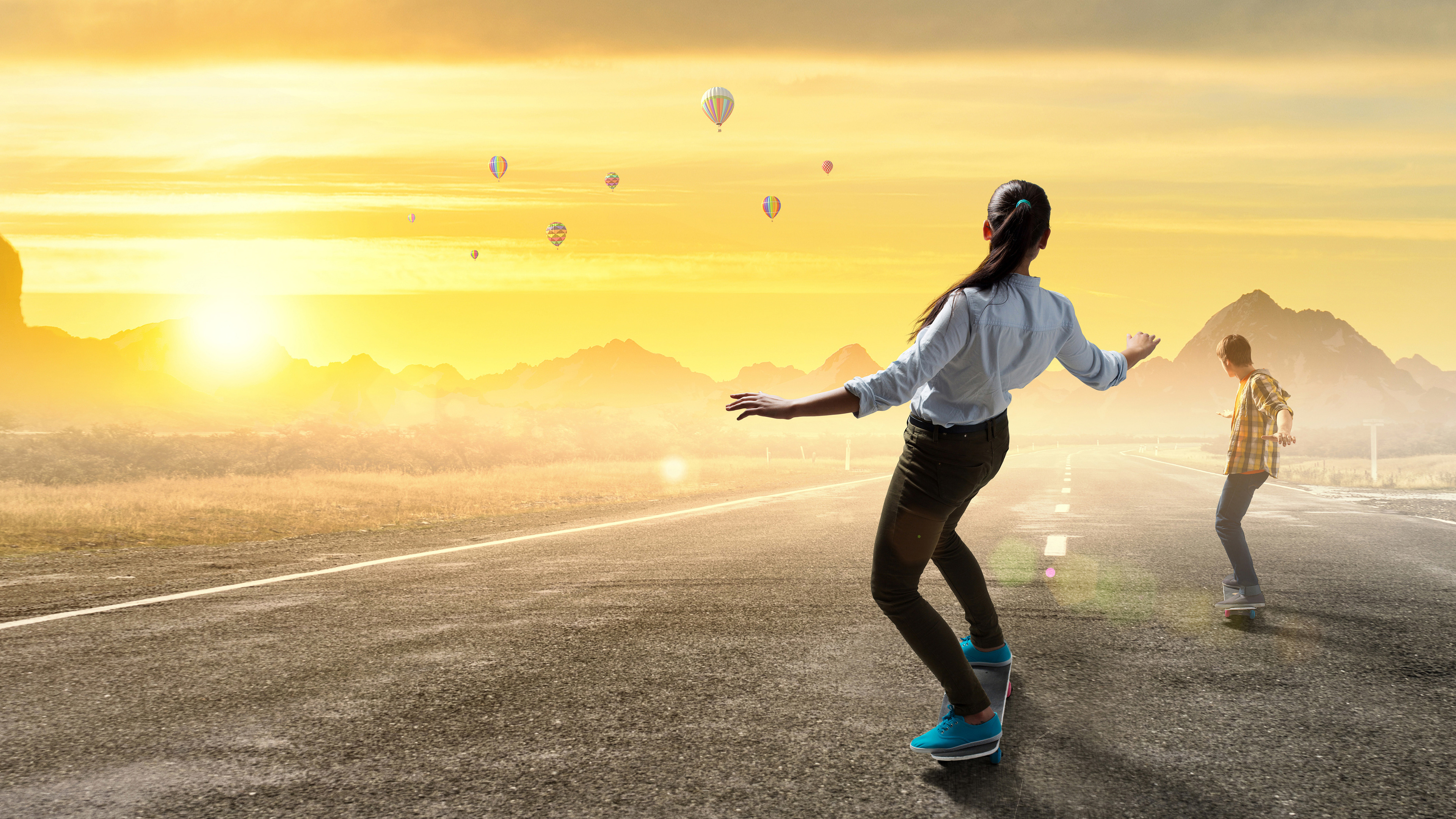 Skateboard Girl Boy Road Sunrise - Air Balloon Wallpaper Hd With Girl - HD Wallpaper 